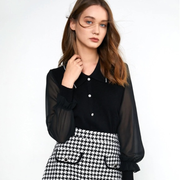 J.ING Malika Vintage-Inspired Black Collared Cardigan with Sheer Sleeves - Picture 1 of 11